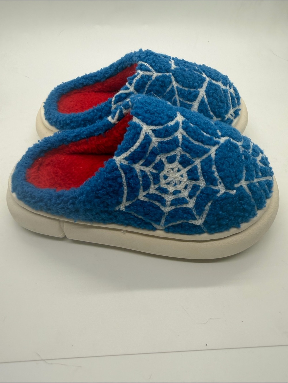 Kids Blue Fuzzy Slip-On Slippers with Spiderweb Design